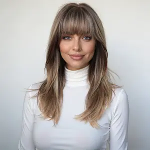 Solana -DWY New Technology! Bionic Silk Top 20-Inch Long Wave Light Brown Glueless Synthetic Wig with Bangs for Women High-Quality Premium Fiber Easy Wear Comfortable Fit