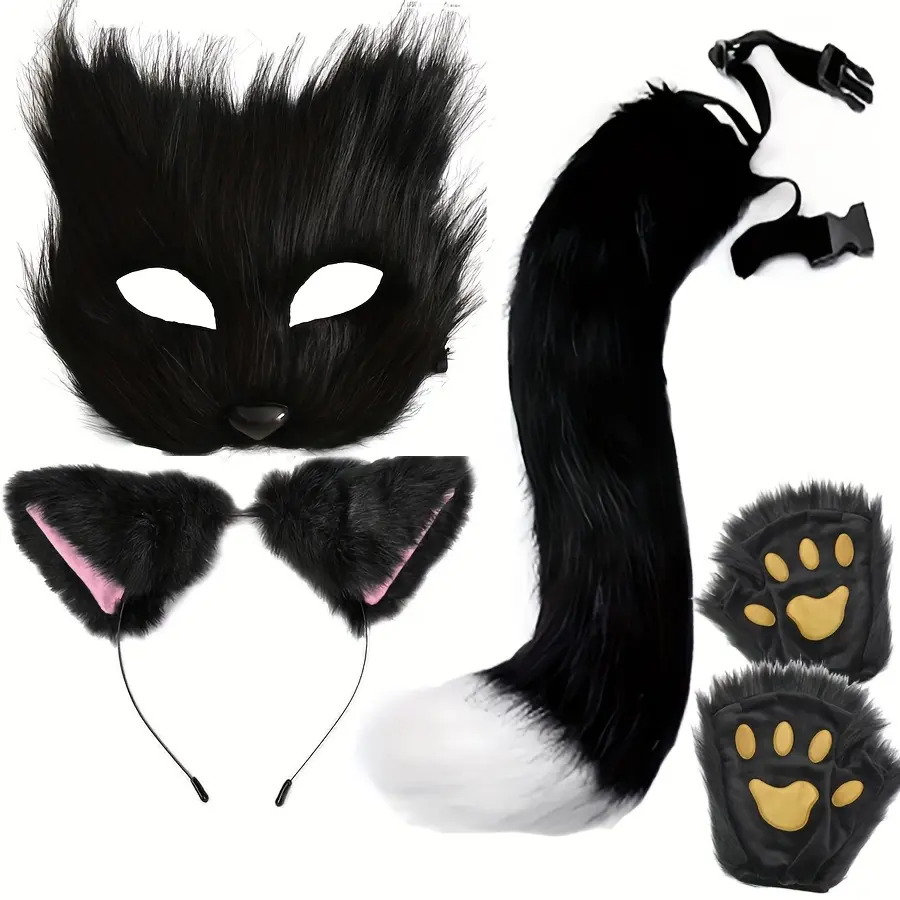 4pcs Plush Fox & Cat Cosplay Furry Party Costume Set Fox Outfit with Tail, Wolf Ears Headband, and Fluffy Paw Gloves - Perfect for Halloween, Christmas Parties, and Themed Events