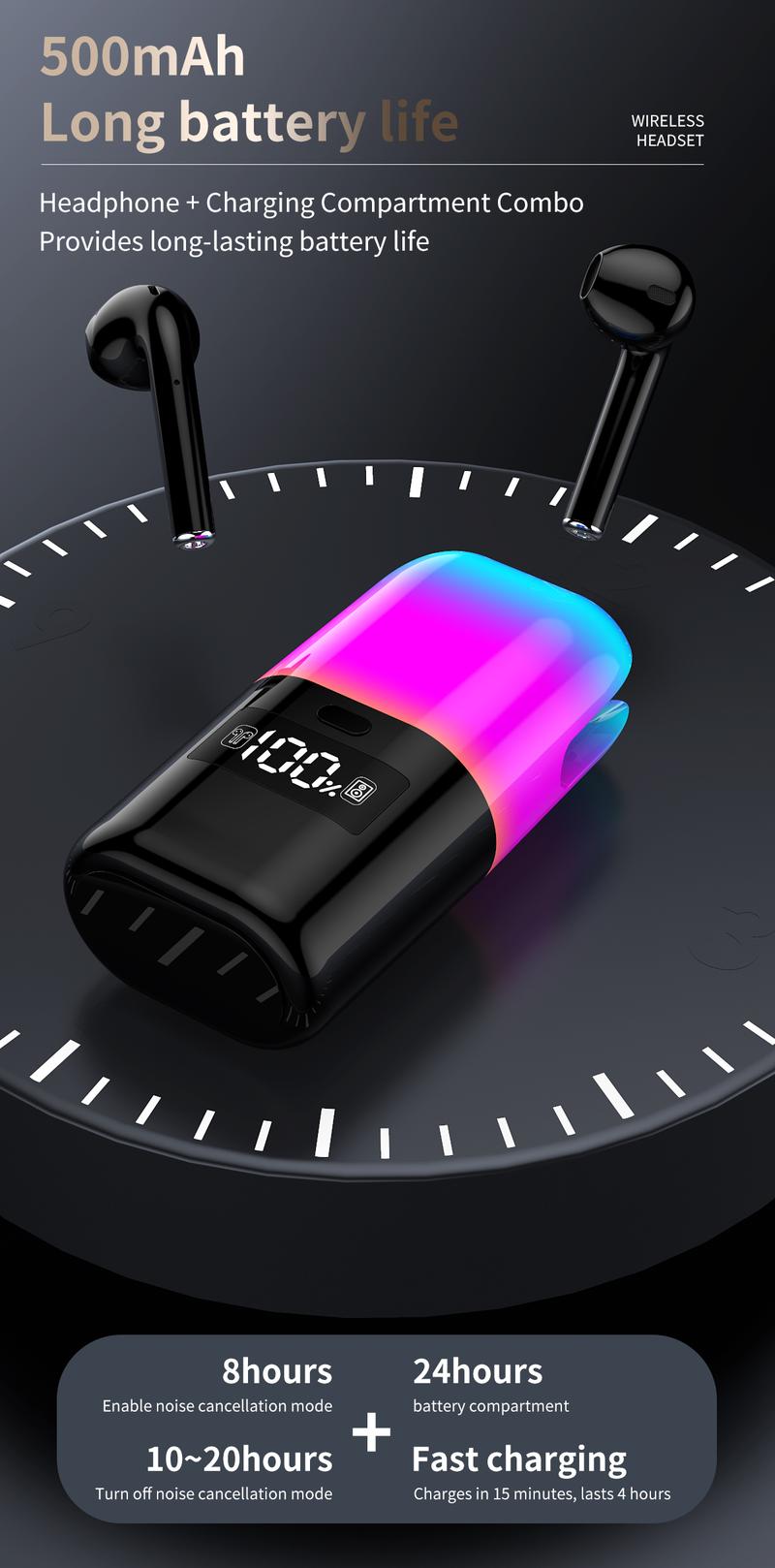 Wireless Earbuds with Colorful Lighting Effects Compact Size, Big Sound Hi-Fi Speaker Earbuds comfortable call