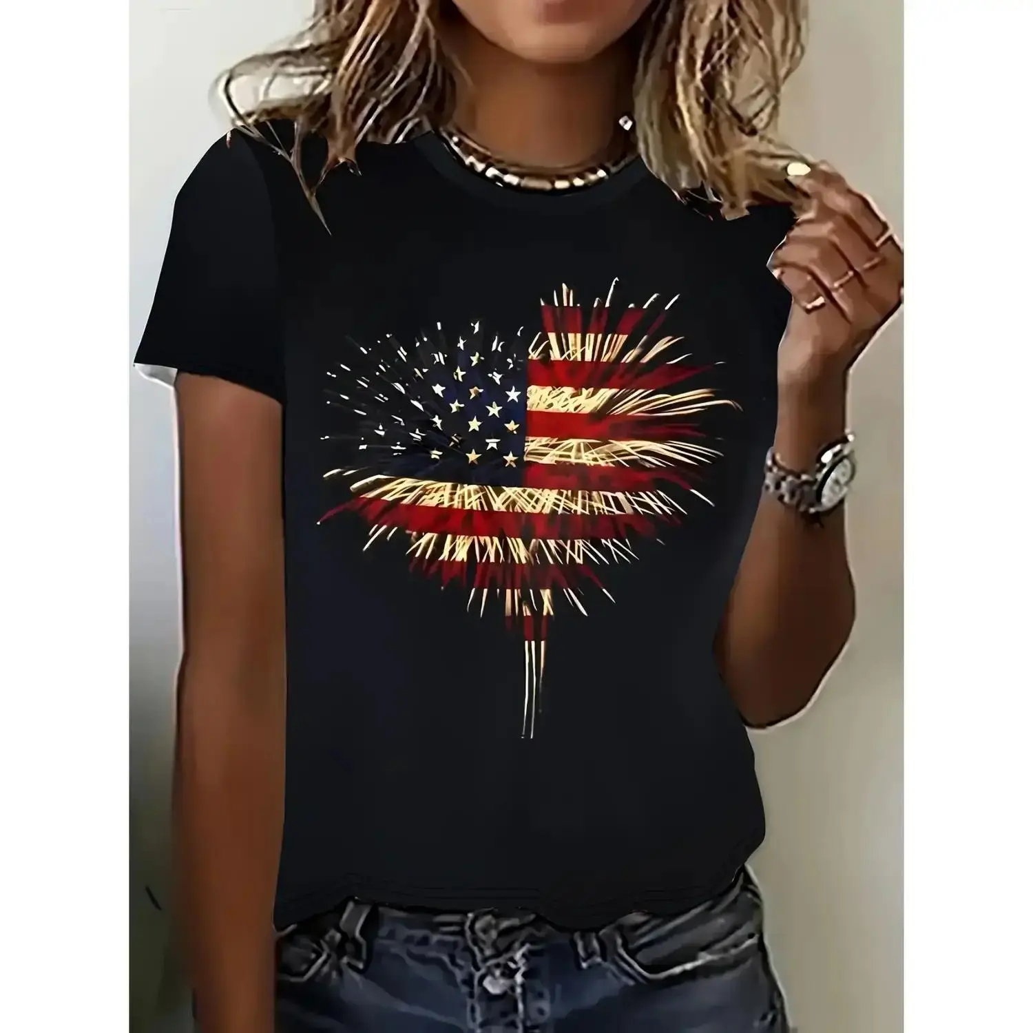 Women's Patriotic American Flag Print TShirt Casual Crew Neck Short Sleeve Machine Washable Dark Color Vibrant Stars and Stripes Design AllSeason Comfort for Fourth of July Memorial Day and Casual Wear American Flag Accessories Easycare Fabric