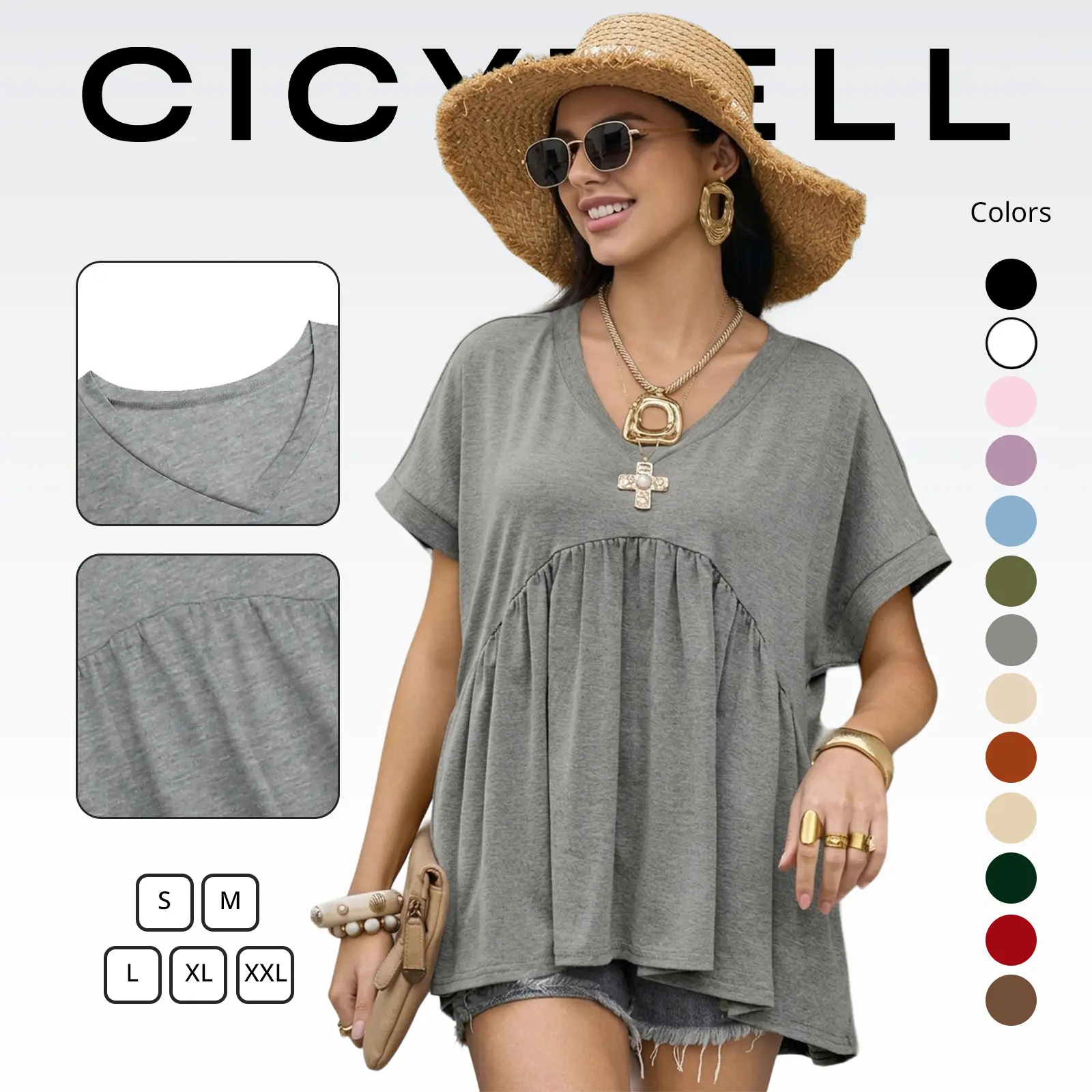 Cicy Bell Womens Summer Peplum Tops Oversized Babydoll Short Sleeve V Neck T Shirts Casual Loose Pleated Swing Blouse