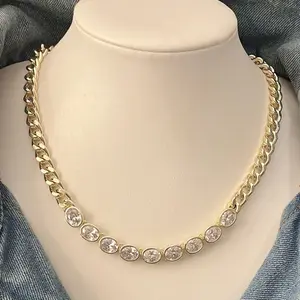 The Madison Necklace and Bracelet Jewelry Set Bezel Oval CZ on Cuban Link Chain for Elegant Everyday Wear
