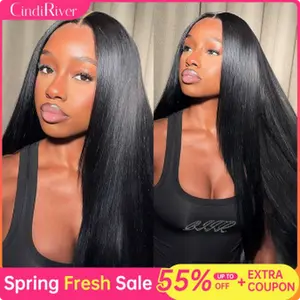 CindiRiver Glueless Straight 5x5 HD Lace Closure Wig with Drawstring Pre - bleached Pre - cut Pre -plucked Melted Lace Ready to Go Silky Straight 230% Density Full Hair End Vietnamese Hair   - Natural Black