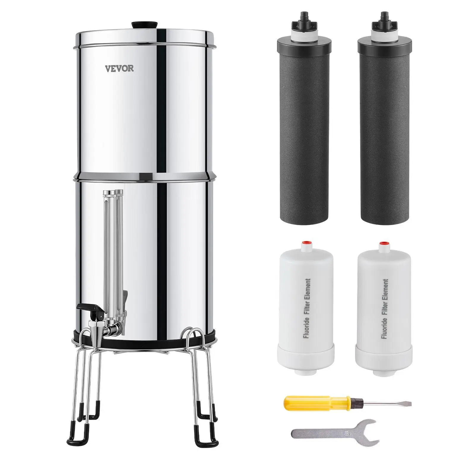 【Summerfinds】VEVOR Gravity-fed Water Filter System, 2.25G 304 Stainless-Steel Countertop Filtration System, Reduces Lead and up to 99% of Chlorine, with 2 Activated Carbon Filter, 2 Defluorination Filter, Spigot
