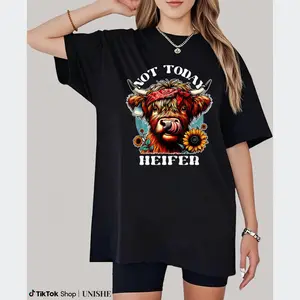 100% Cotton T-Shirt with Highland Cow Bandana and Not Today Heifer Slogan