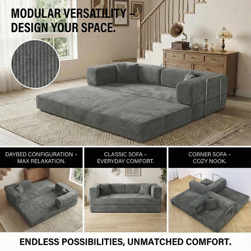 79" Convertible Sleeper Sofa Bed with Cylindrical Pillow Corduroy Folding Mattress Couch Fixed-Shape Frame Modular Compressible Living Room Sofa Set Vintage Suede Comfortable Lounge Chair Lazy Sofa Bean Bag Bedroom Sleeper Modern Cloud Loveseat