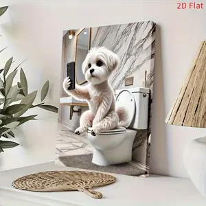 2D Flat, 2D Flat, 2D Flat Framed Canvas Wall Art Featuring a Humorous Maltese Dog Taking a Selfie in The Bathroom. This Adorable Maltese Puppy Poster Comes with a Wrap-Around Frame	