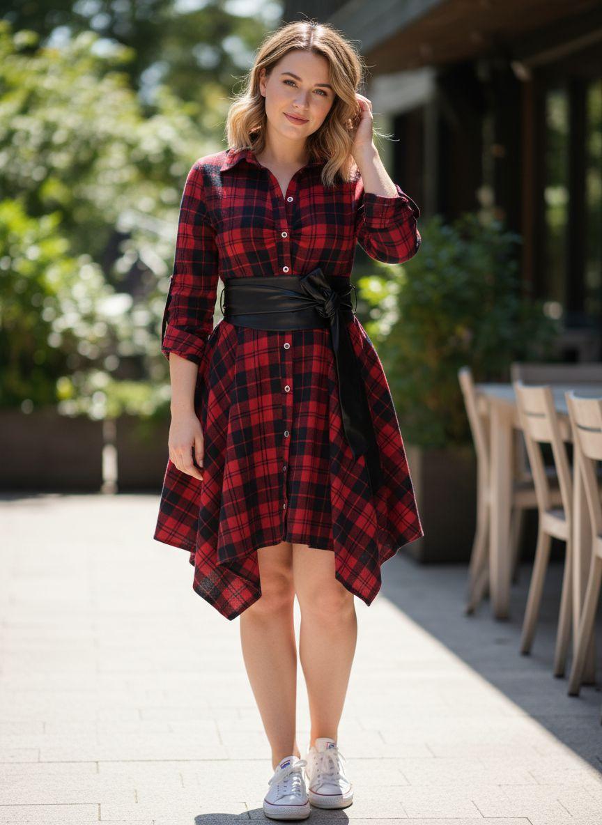 1950S 3/4 Sleeve Plaid Belt Dress Casual Outfits Women Collared Black Vintage Check Leather Womenswear