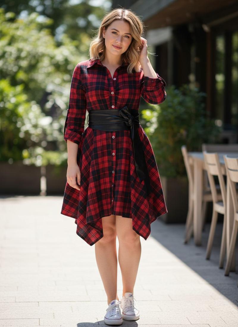 1950S 3/4 Sleeve Plaid Belt Dress Casual Outfits Women Collared Black Vintage Check Leather Womenswear