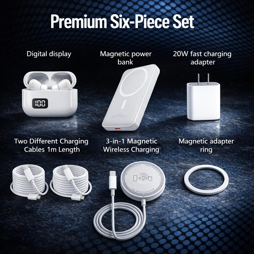 ArtCyber 6-in-1 Charging Kit: Fast Charge, Magnetic Power Bank, Wireless Charger, Type-C to Fast Charging Cable, Adapter & Audio Support, Compact & Portable.