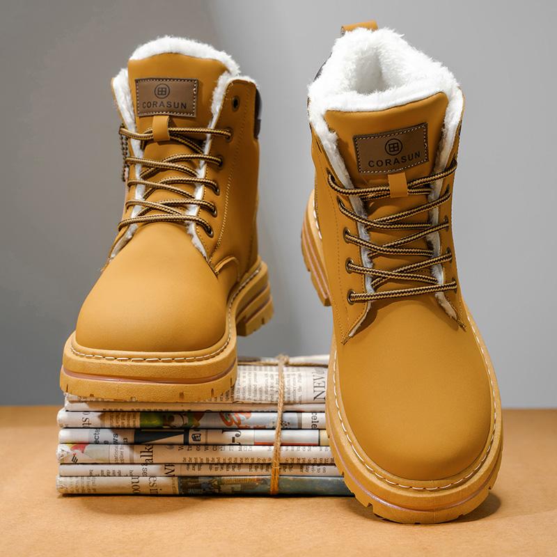 CORASUN 2025 US multi warehouse shipment for autumn and winter men's mid top sports and leisure shoes with fleece snow boots, anti slip work boots, leather covered outdoor boots, fashionable motorcycle boots