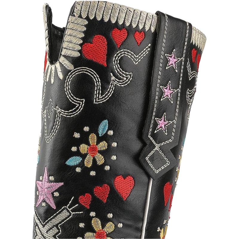 AOSPHIRAYLIAN Womens Floral Heart Embroidered Cowboy Cowgirl Boots Retro Pointed Toe Pull-On Western Boots Chunky Heels Mid Calf Boots