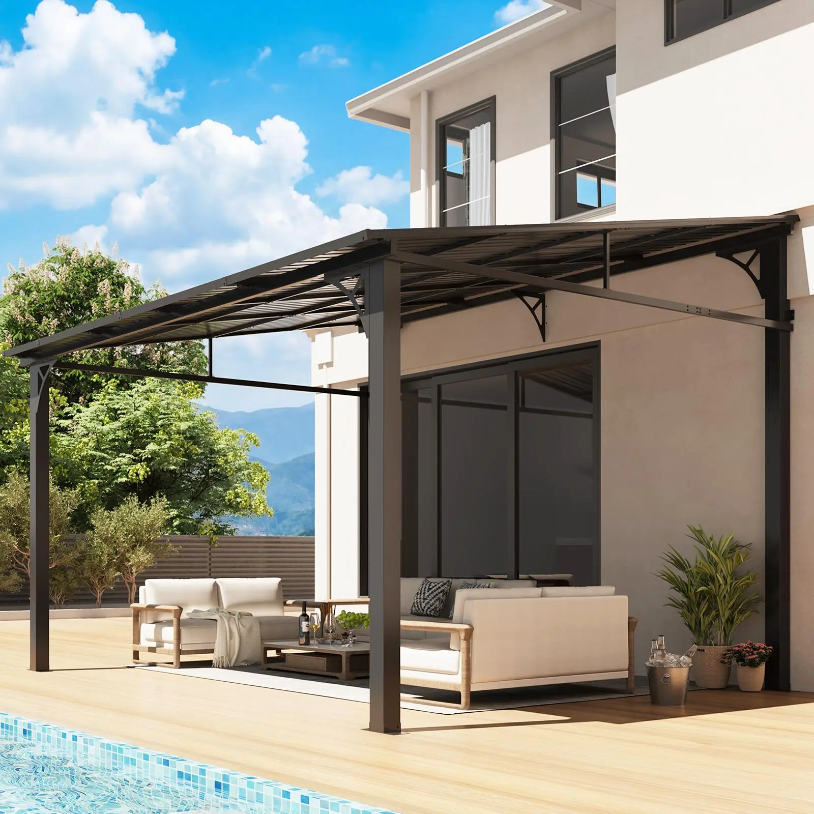 Aoxun Rectangular Wall-Mount Lean-To Hardtop Gazebo (10'x12/10'x14, Black) - Upgraded Galvanized Steel Sloped Waterproof Roof, Heavy-Duty Rustproof Pergola Awning with Sun Protection, Anchors, Windproof Stable Design for Patio, Backyard Fence Install, Gaz