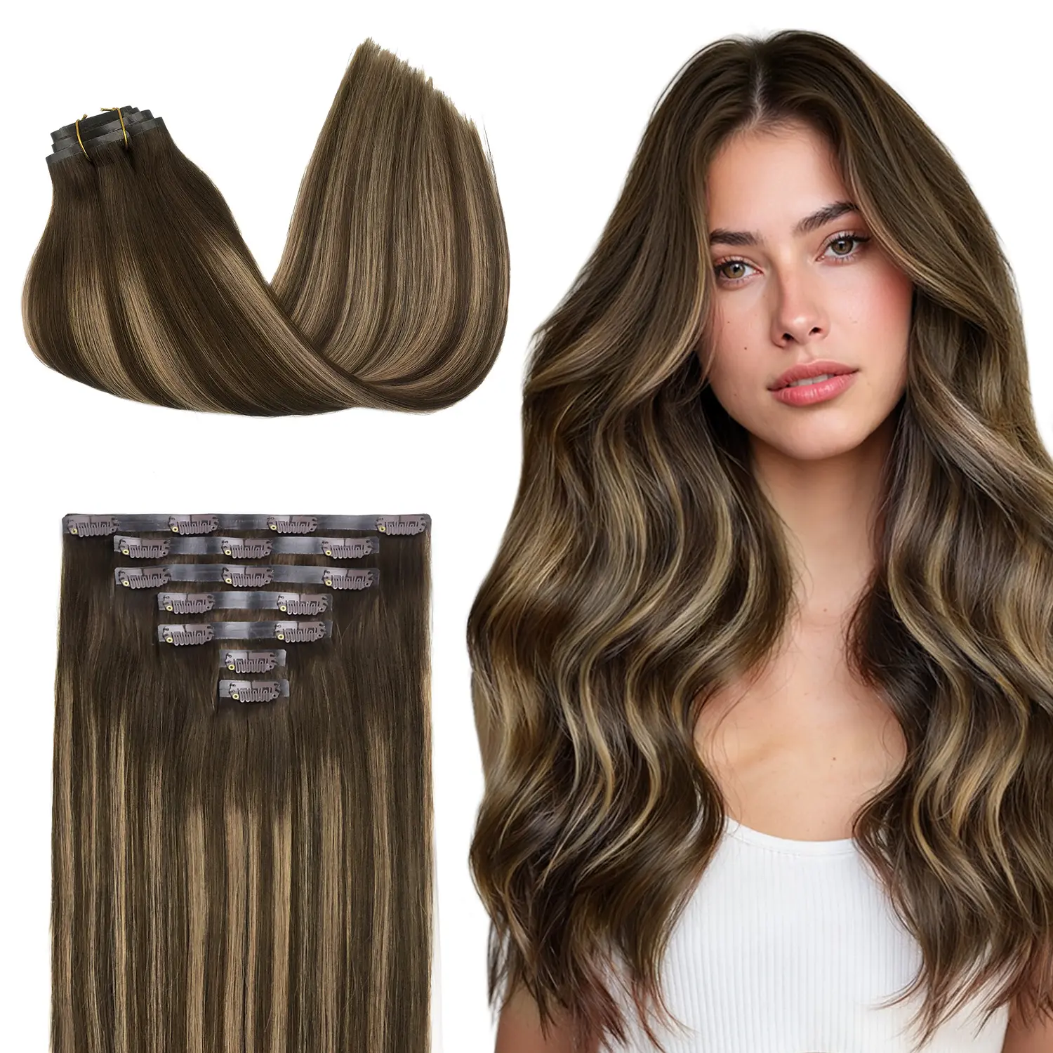 GOO GOO PU Seamless Clip-in Human Hair Extensions, 14-22 in Multi-Size Thick Brown Realistic Hairpiece for Natural Look
