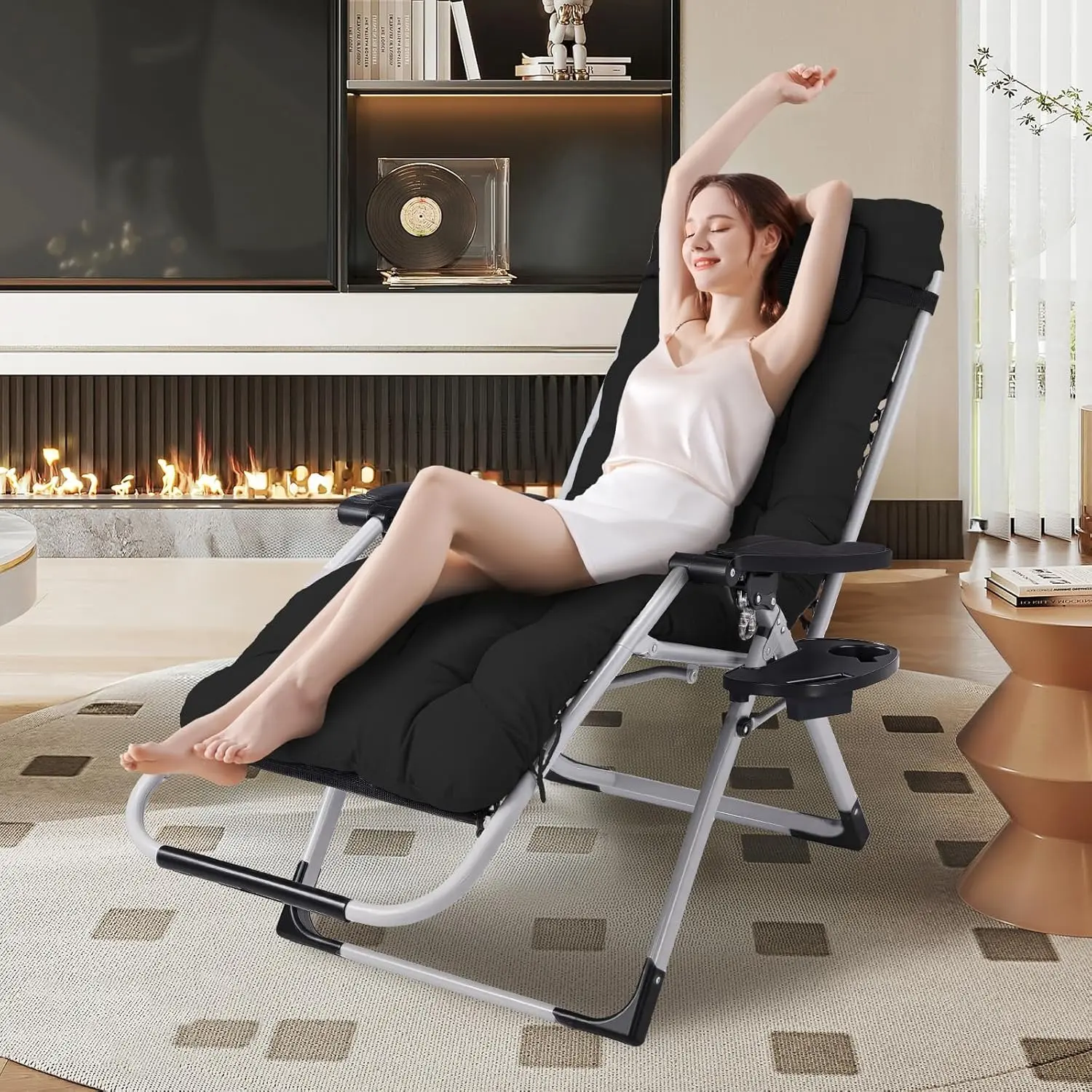 #FathersDayGift Folding Zero Gravity Lounge Chair with Removable Cushion, Portable Reclining Patio Chair for Camping, Garden, Poolside & Home – Black/Grey