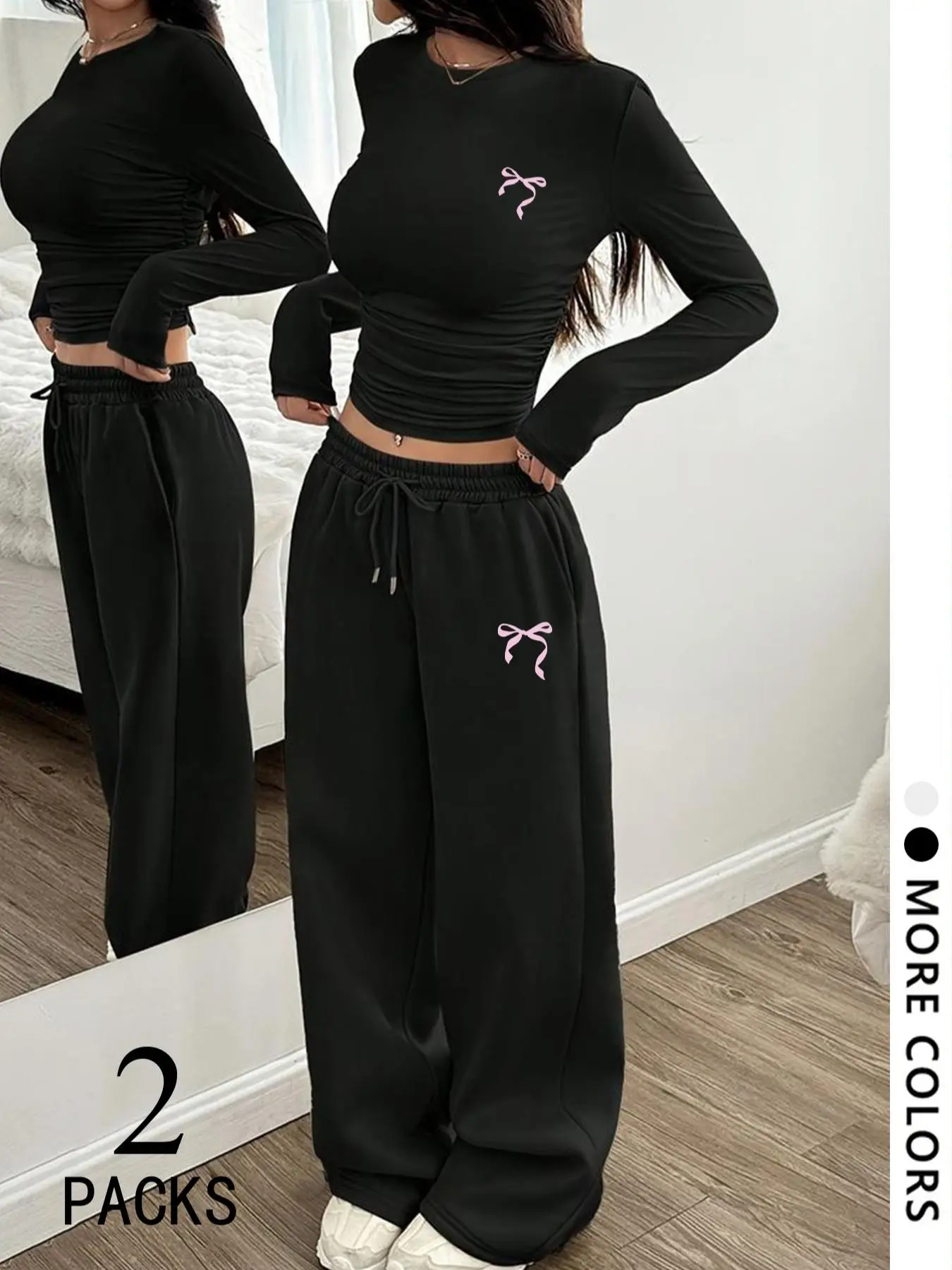 Women's 2-Piece Set, soft high-stretch fabric with pink bow print. Slim ruched crop top & drawstring wide-leg sweatpants. Multi colors. Sweet cool style for daily, campus & loungewear.