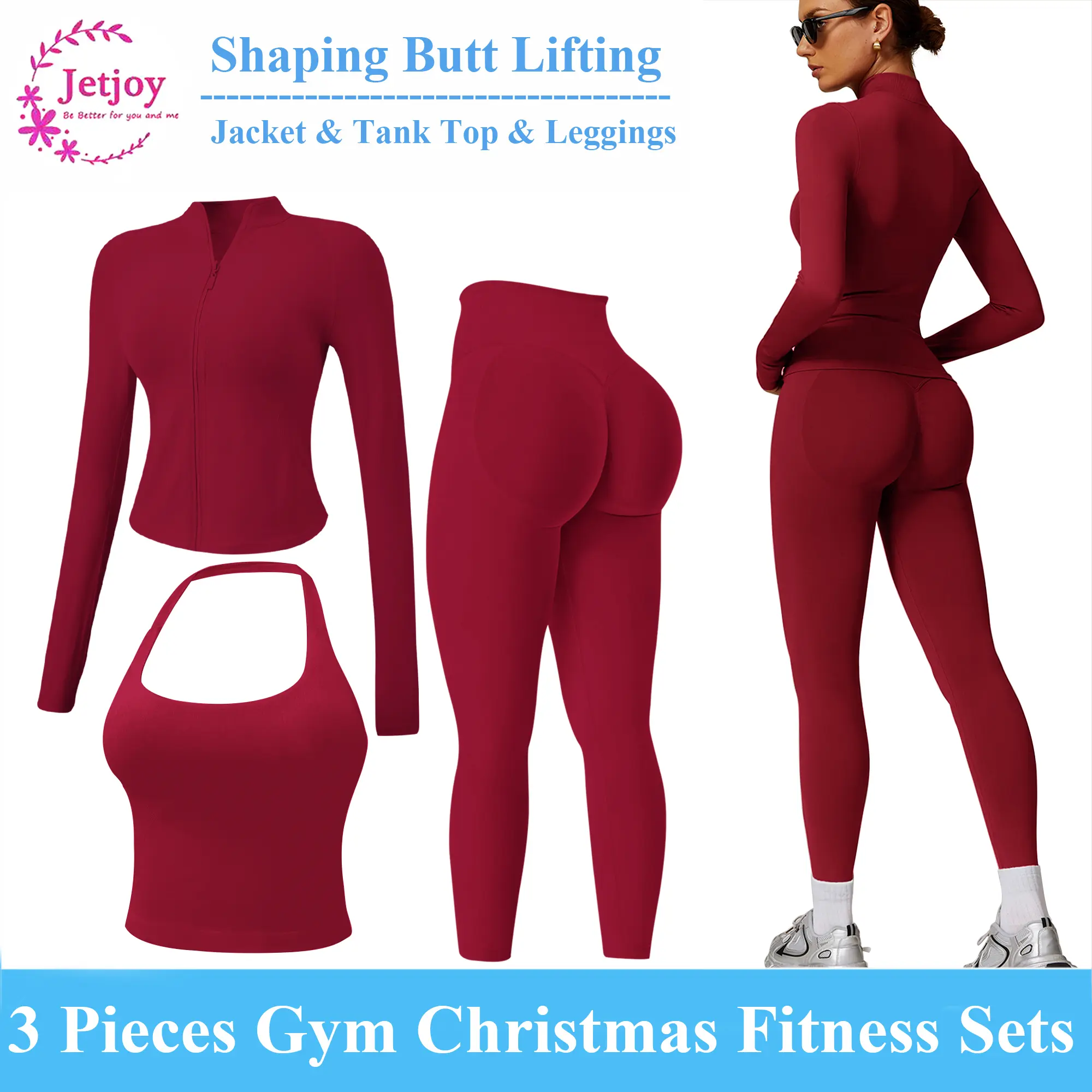 Jetjoy Women's 3-Piece Going Out Sets for Women, Zip-Up Jacket, Backless Tank, Mid-Waisted Tummy Control Compression Leggings, High-Stretch Nylon Elastane for Yoga, Running, Gym Clothes Women