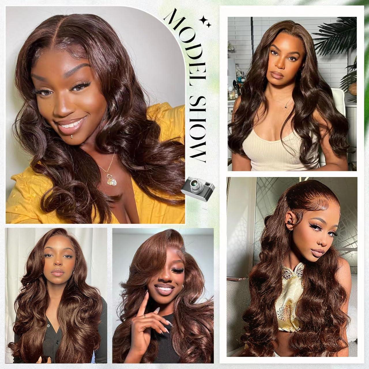 Mamushow 200% Density #4 Chocolate Brown & #1 Jet Black 13x6 Body Wave Full Lace Frontal Human Hair Wigs Wavy Natural Appearance Substantial Comfortable Fit