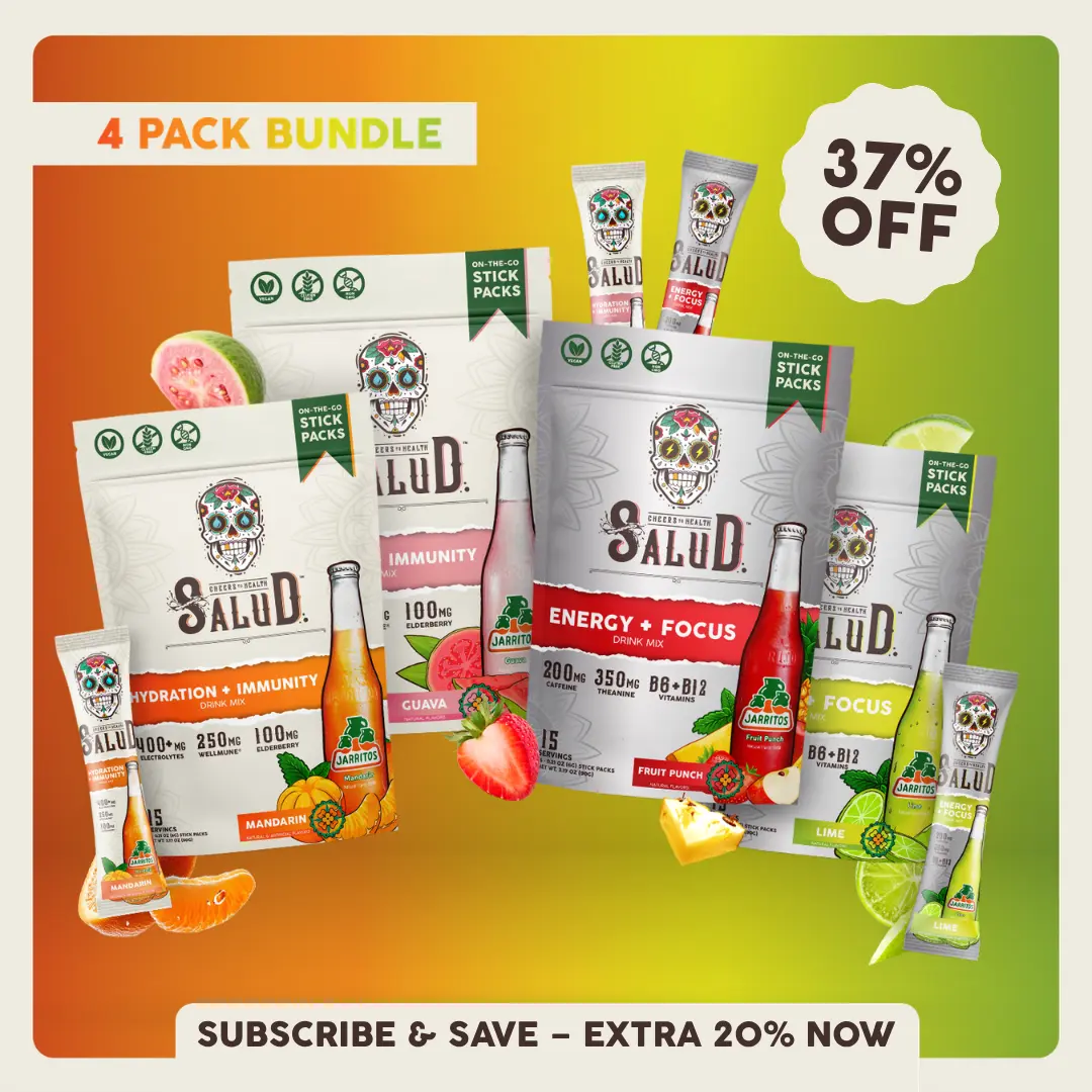 Salud x Jarritos 2-in-1 [Daily Wellness All-In-One] Agua Fresca Drink Mix Variety Pack, Energy + Focus & Hydration + Immunity, Organic Caffeine, Electrolytes, Elderberry, Non-GMO, Vegan (4-Pack, 60 Servings)