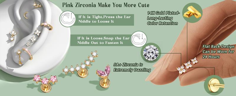 ORAZIO 16 Gauge Cartilage Earrings for Women Hypoallergenic Surgical Steel Flat Back Stud Hoop Set Daith Conch Tragus Helix Piercing Jewelry 12pcs Silver Earring Set