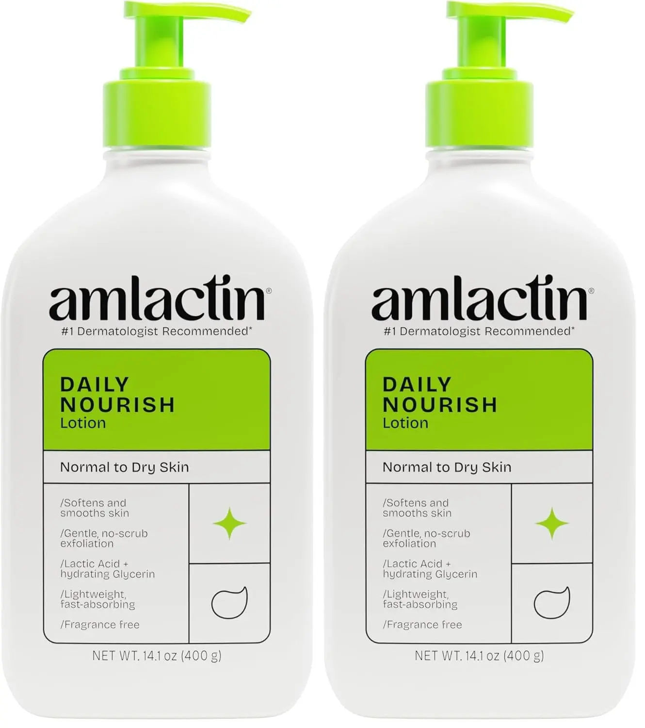 AmLactin Daily Nourish Therapeutic Body Lotion for Dry Skin - No-Scrub Exfoliator and Moisturizer 12% Lactic Acid Lotion,14.1 oz (Packaging May Vary),(Pack of 2)