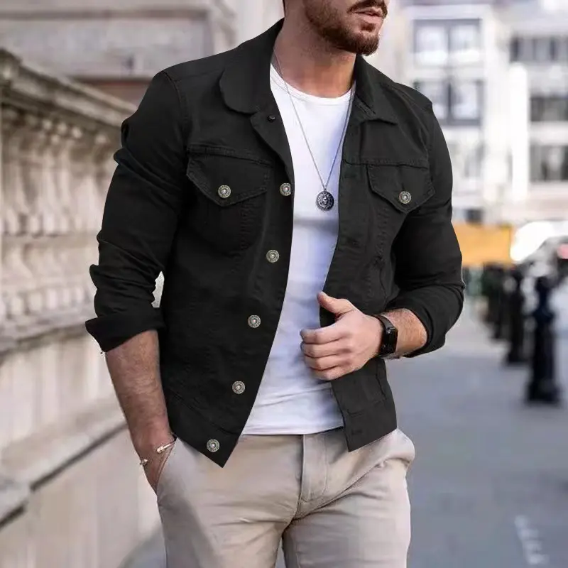 Men's Stylish Classic Black Slim-Fit Denim Jacket - Turn-Down Collar, Vintage Metal Buttons, 2 Chest Flap Pockets, Lightweight Versatile Outerwear for Spring & Autumn Commuting, Street Style Workwear