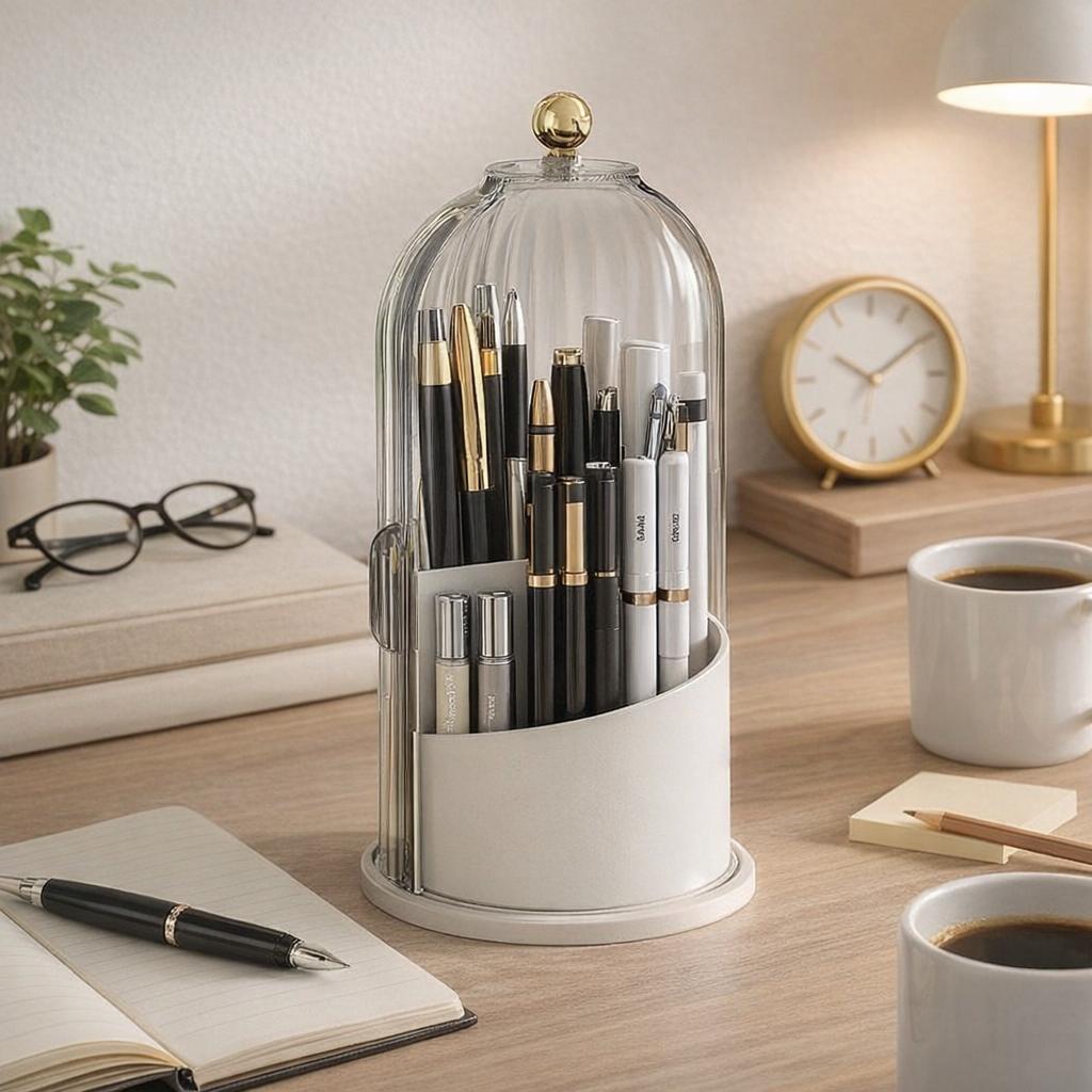 Pen Holder Organizer with Lid,360 Rotating Clear Dustproof Desk Organizer for Pens, Pencils & Office Supplies