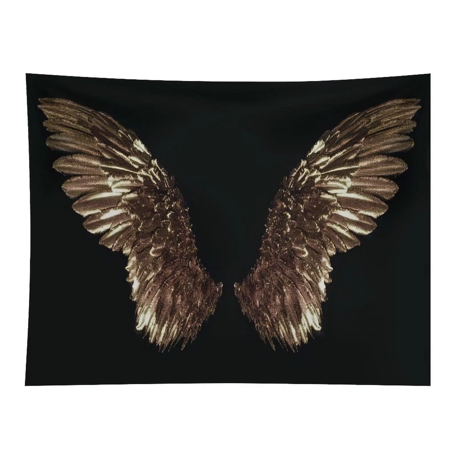 Polyester Dark Black Background Bronze Metallic Symmetrical Minimalist Angel Wings Wall Tapestry - Anti-Wear, Gentle Wash, With Hooks, Sacred Gothic Wall Art for Bedroom Photo Booth Decor