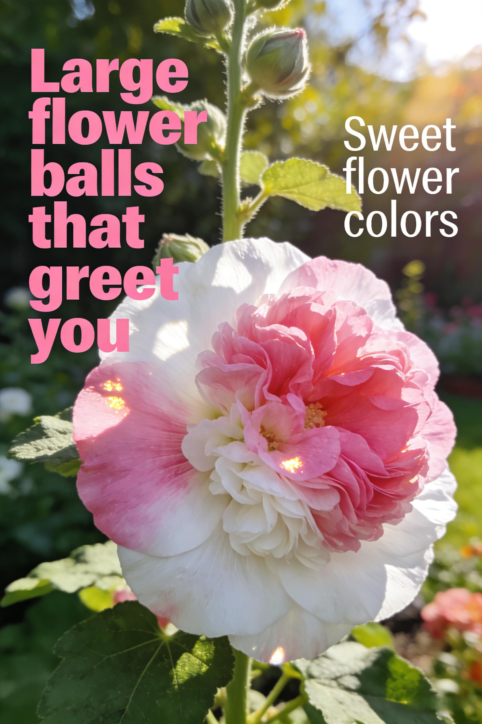 200PCS Double Hollyhock Seeds ‘Radiant Rose’ – Mixed Color Heirloom Flower Seeds, Hardy Biennial Tall Garden Flowers for Planting