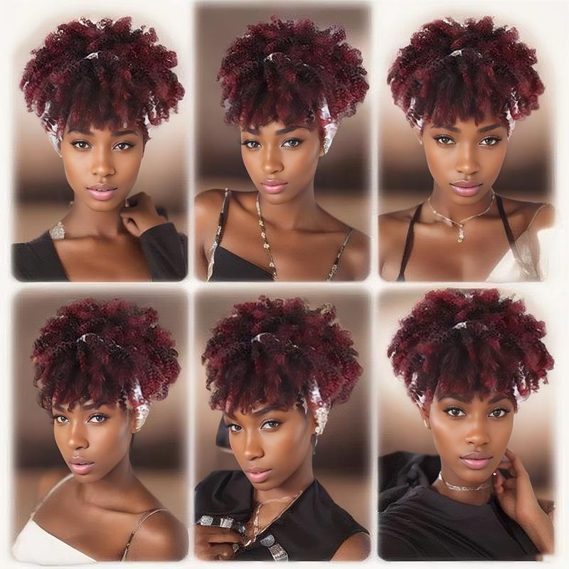8inch Afro Headband Wig Kinky Curly Hair Wig with Bangs for Black Women Synthetic Turban Style Headband Wig Kinky Curly 2 in 1 Head Wrap With Headband Attached for Party Daily Use