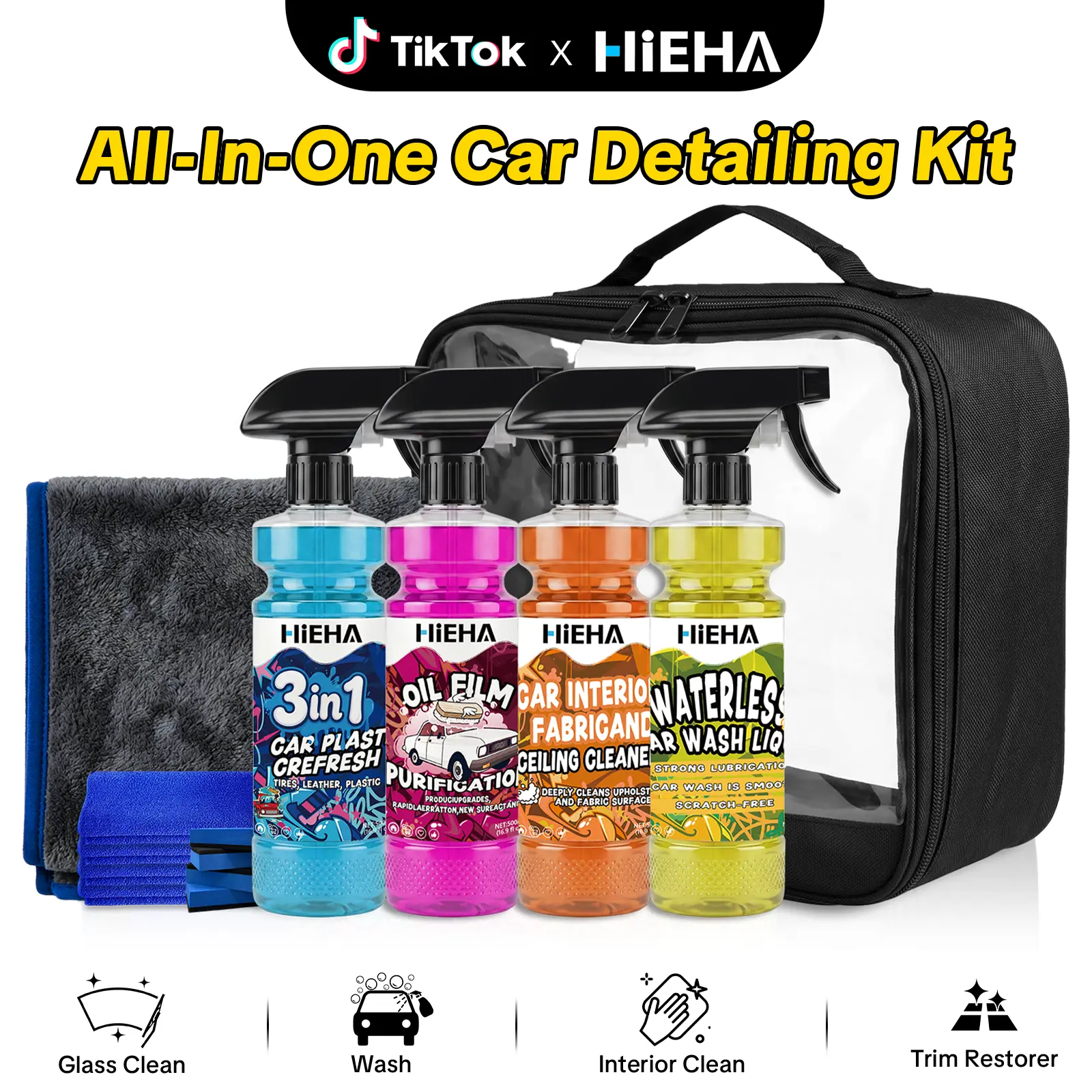 【HiEHA | TikTokShopBackToSchool】4 in 1 Car Detailing Kit, Interior & Exterior Auto Cleaning Supplies, Glass Oil Film Remover, Interior Cleaner, Waterless Car Wash, Plastic Trim Restorer, Full Vehicle Care Set with Microfiber Towels & Cleaning Sponges