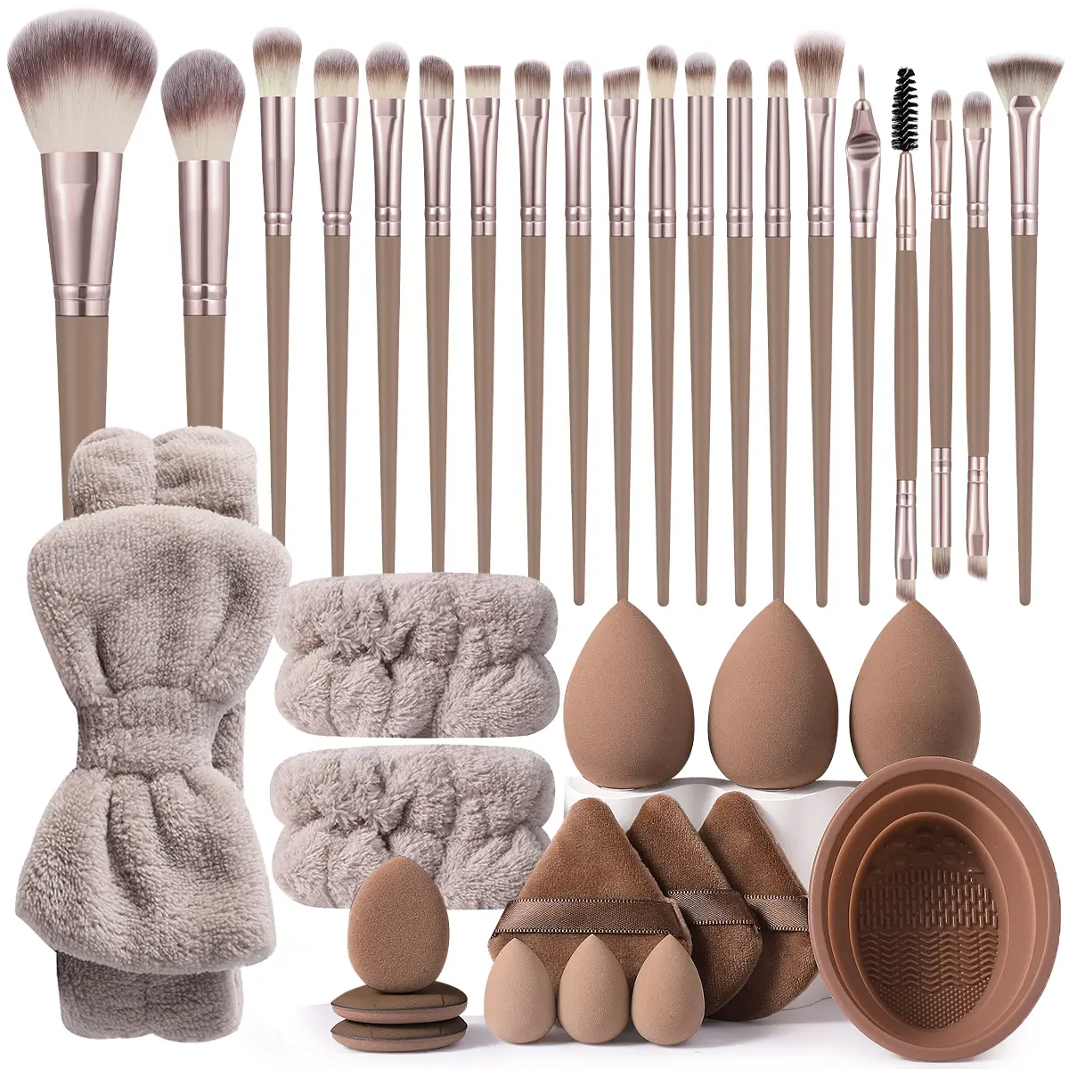 36PCS Flawless Smooth Cosmetic Makeup Tools Kit, Including Makeup Brush Set, 3PCS Sponges, 3PCS Mini Sponges, 3PCS Triangle Powder Puffs, 3PCS Mini Cushion Puffs, 1PC Hairband, 2PCS Hand Bowl Straps, 1PC Brush Cleaning Tool for Daily Use, Makeup Br