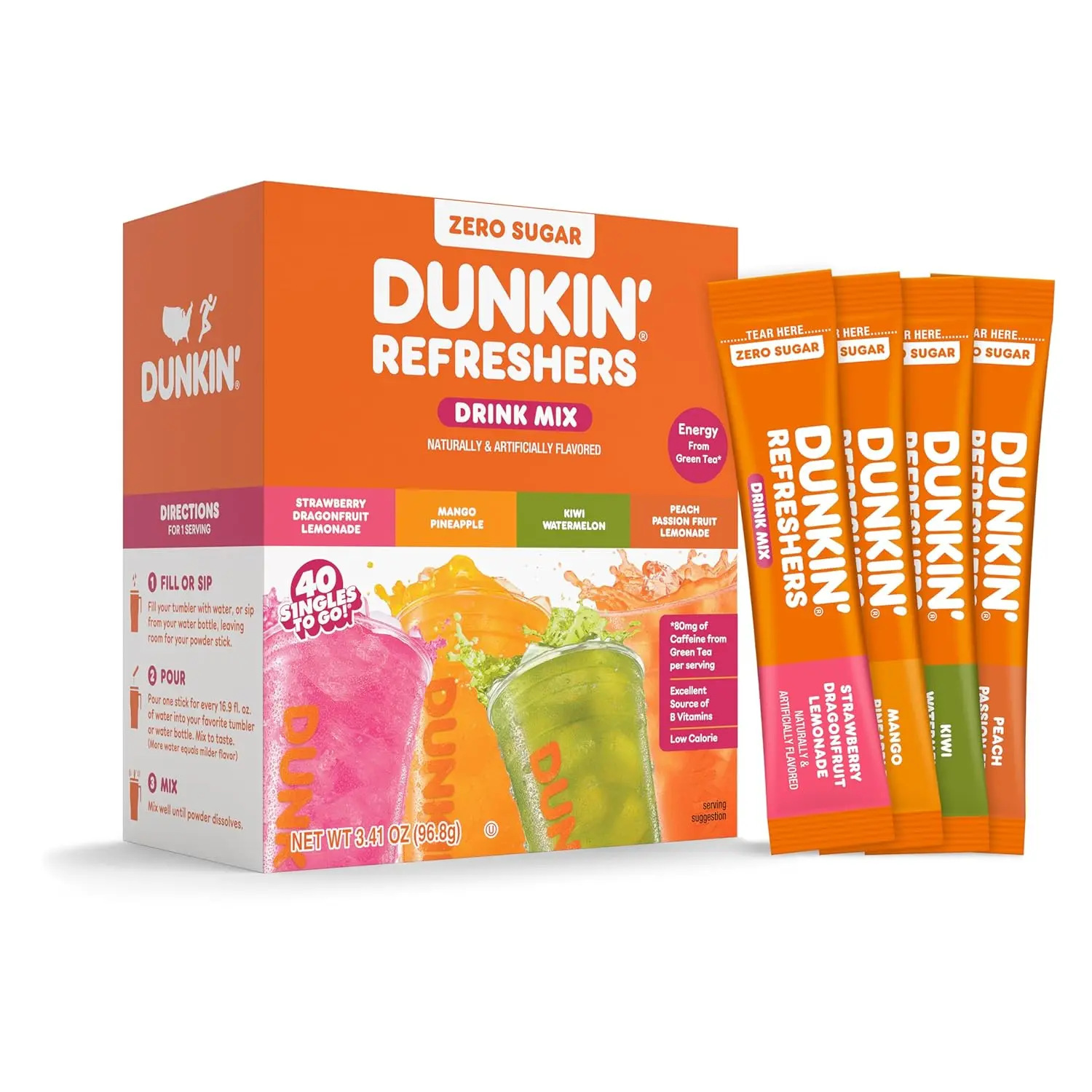 Dunkin' Refreshers Green Tea Drink Mix Packets, 40 Count | Sugar Free, Loaded Tea Packets with Caffeine Energy from Green Tea, Aspartame-free, Just add water, Energy Drink Alternative