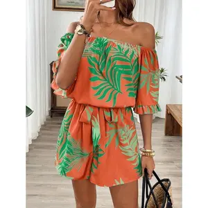 Women's Open Shoulder Tropical Print Ruffled One-Piece Romper For Casual/Holiday