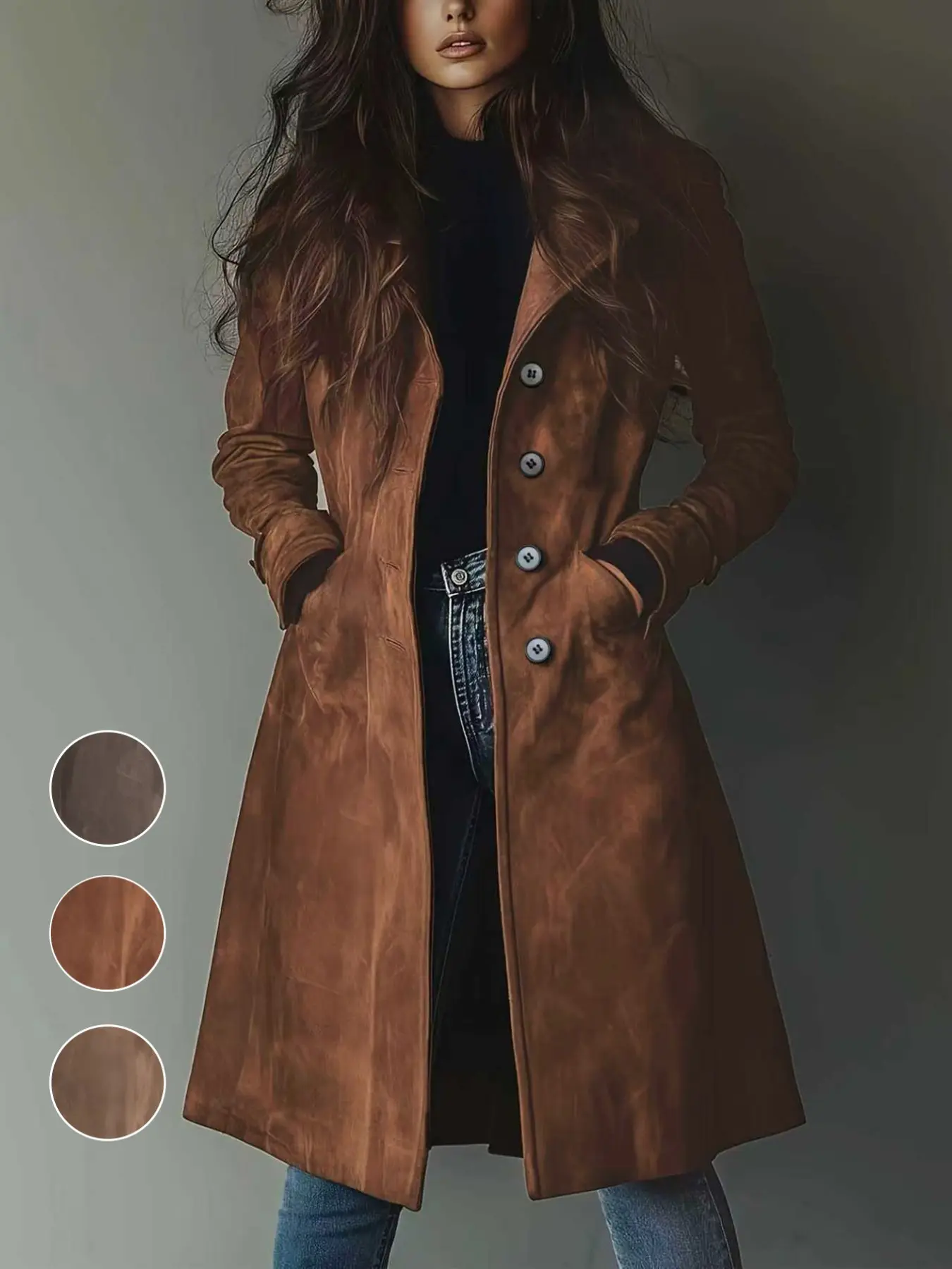 Women's Suede Coat Jackets, Womenswear, Elegant Vintage Chic Fitted Design, Pockets, Durable Material, Single-Button Mid-Length Commuter Outdoor Wear, Outerwear