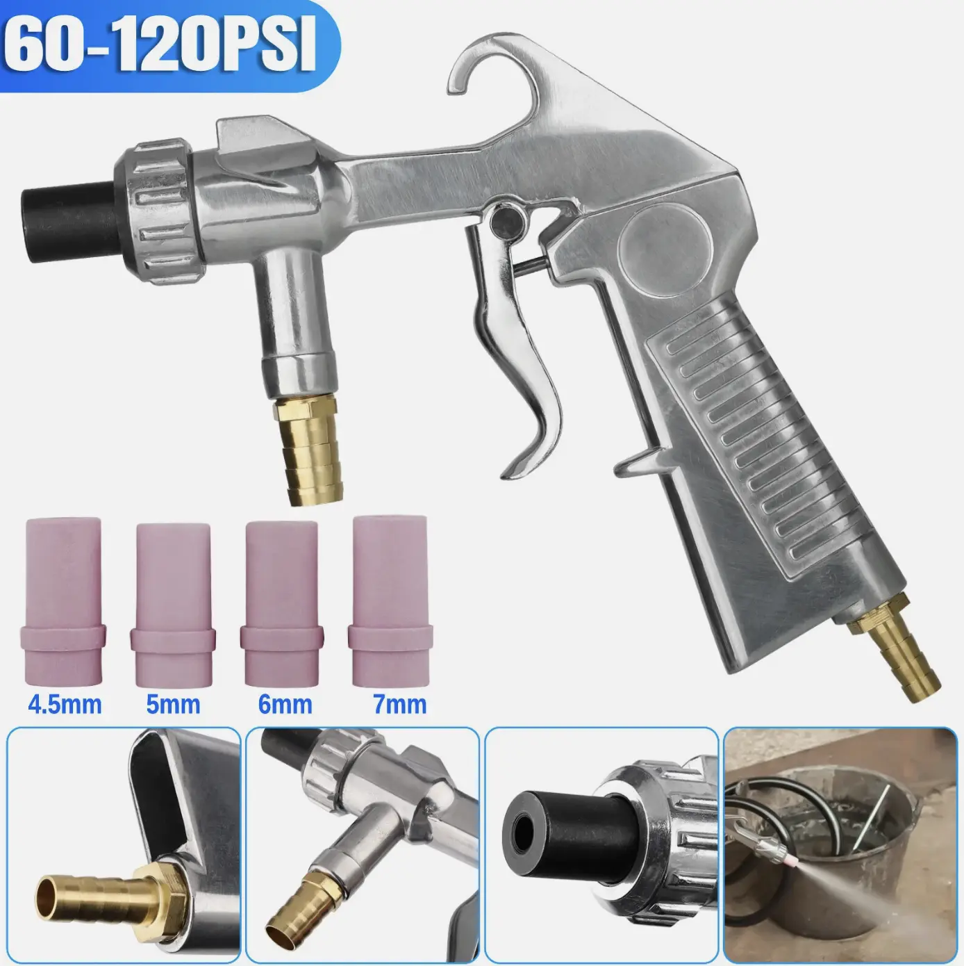 Heavy-Duty Air Sandblaster Kit, Abrasive Sandblasting Gun with 4 Ceramic Nozzles (4.5mm), 60-120 PSI for Rust Removal, Surface Cleaning on Fences, Aluminum, Glass, 1 × Sand Blaster Gun, Adjustable Performance