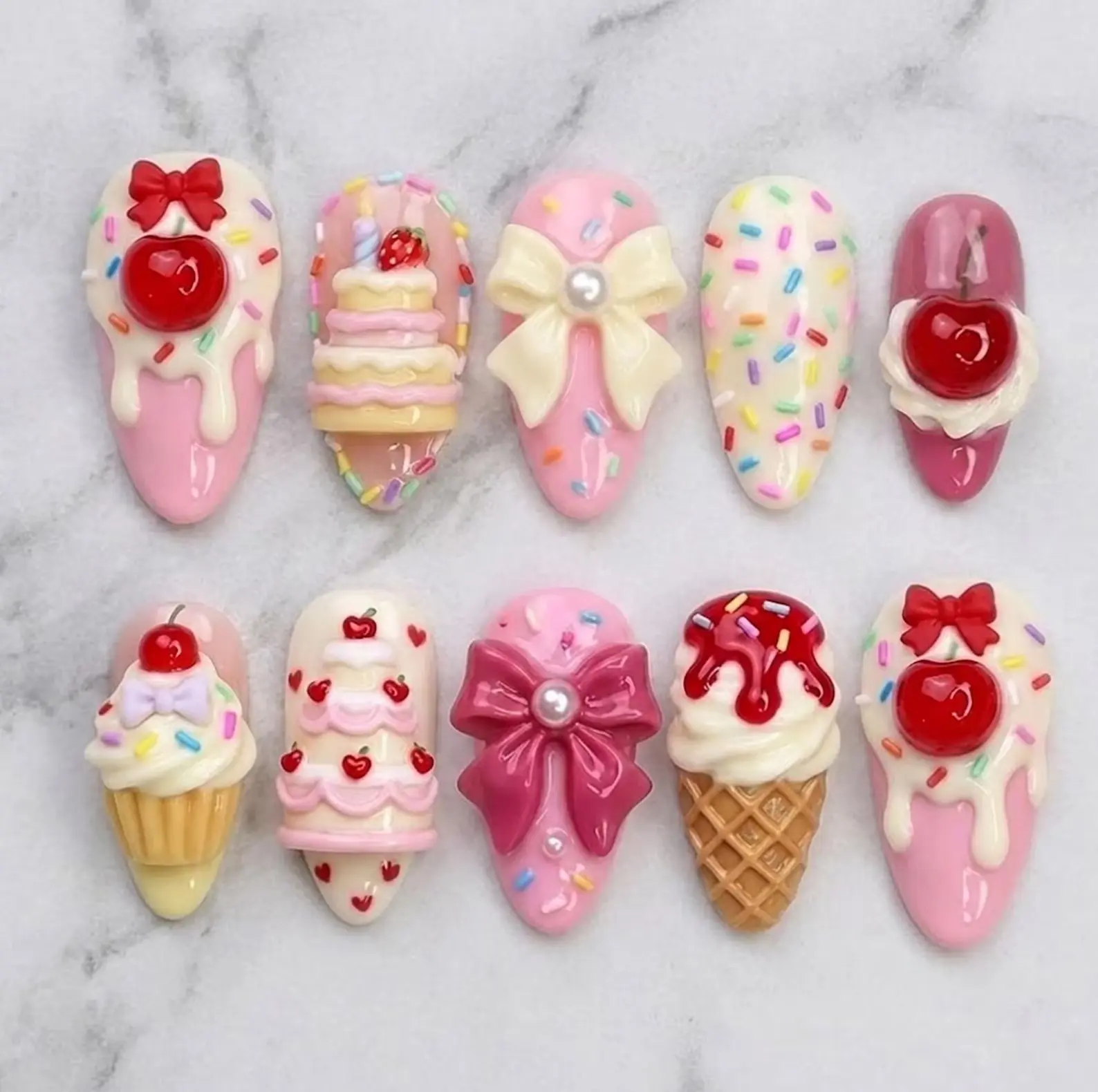 Handmade Sweet Dessert Press On Nails, 3D Cake & Ice Cream Art, Kawaii Cherry Sprinkles Design, Pink Pastel Bold Artistic Vibes