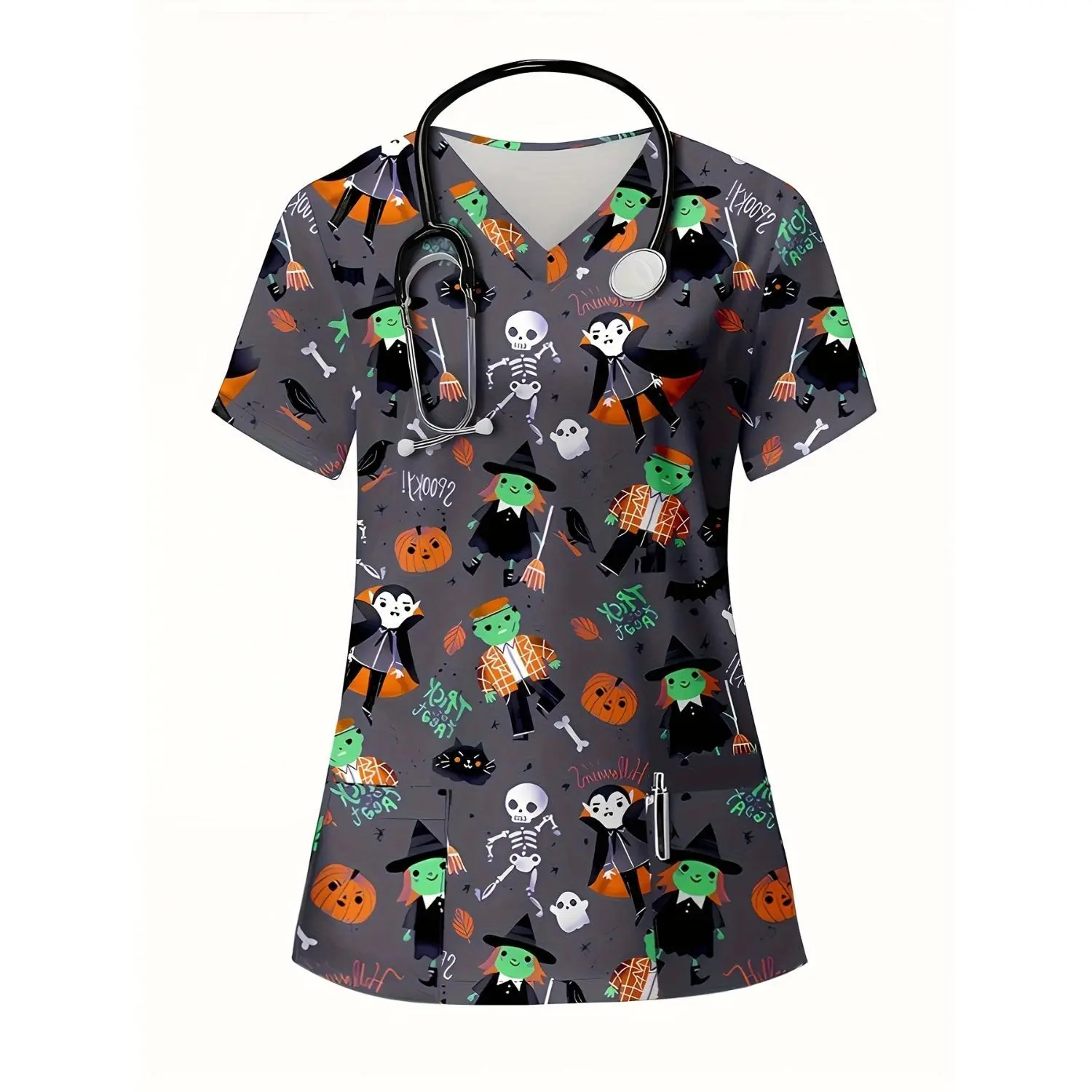 Halloween Nurse Costume for Women - Spooky V-Neck Scrubs with Ghosts, Pumpkins, and Skeletons - Perfect for Halloween Parties and Haunted Hospital Events - Machine Washable Healthcare Worker Outfit