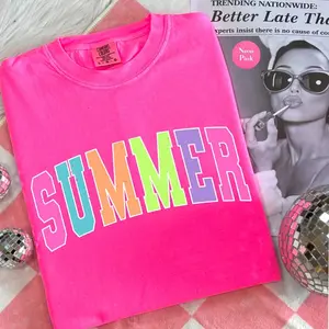 Summer Comfort Colors T Shirt | Trendy Neon Summer TShirt | Varsity Style Summer Shirt | Boho Summer Beach Tee Shirt | Cute Vacation Shirt