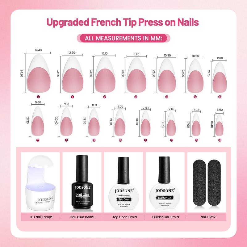 JODSONE 154pcs New Upgrade French Gel Nail Tips Kit French Tip Press on Nails Soft Fack Nail Tips Gel Nail Glue,Builder Gel,Top Coat,Nail Lamp All Included for Nail Art Easy DIY