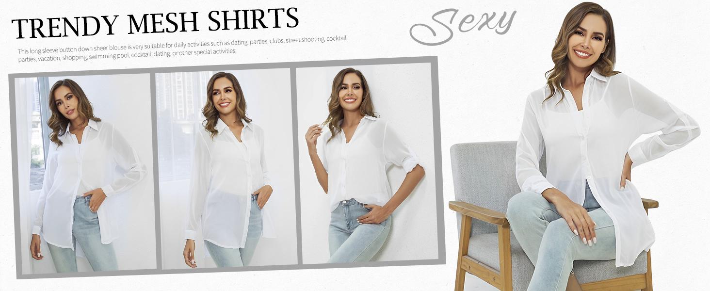 SHEEN Women's Long Sleeve Sexy See Through Top Fashion Black Trendy Mesh Blouse Vintage Casual Cute Summer Outfit Comfortable Fit Oversized Shirt Sheer Button Up Blouse Mesh Shirt