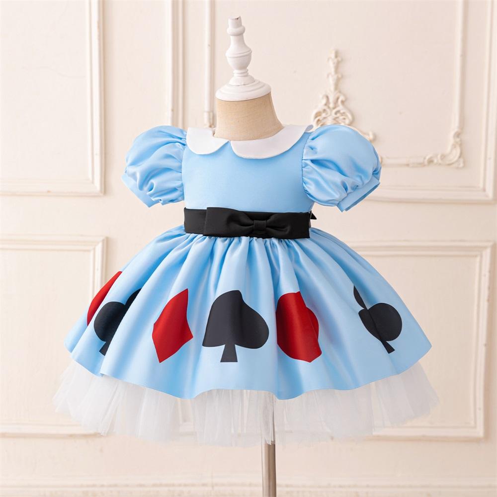 01 Kids Young Girls Christmas/Halloween/Party Dress Tulle Bubble Sleeves Blue Mesh Stage Performance Alice in Wonderland Dress Bead Decoration Princess Party Outfit