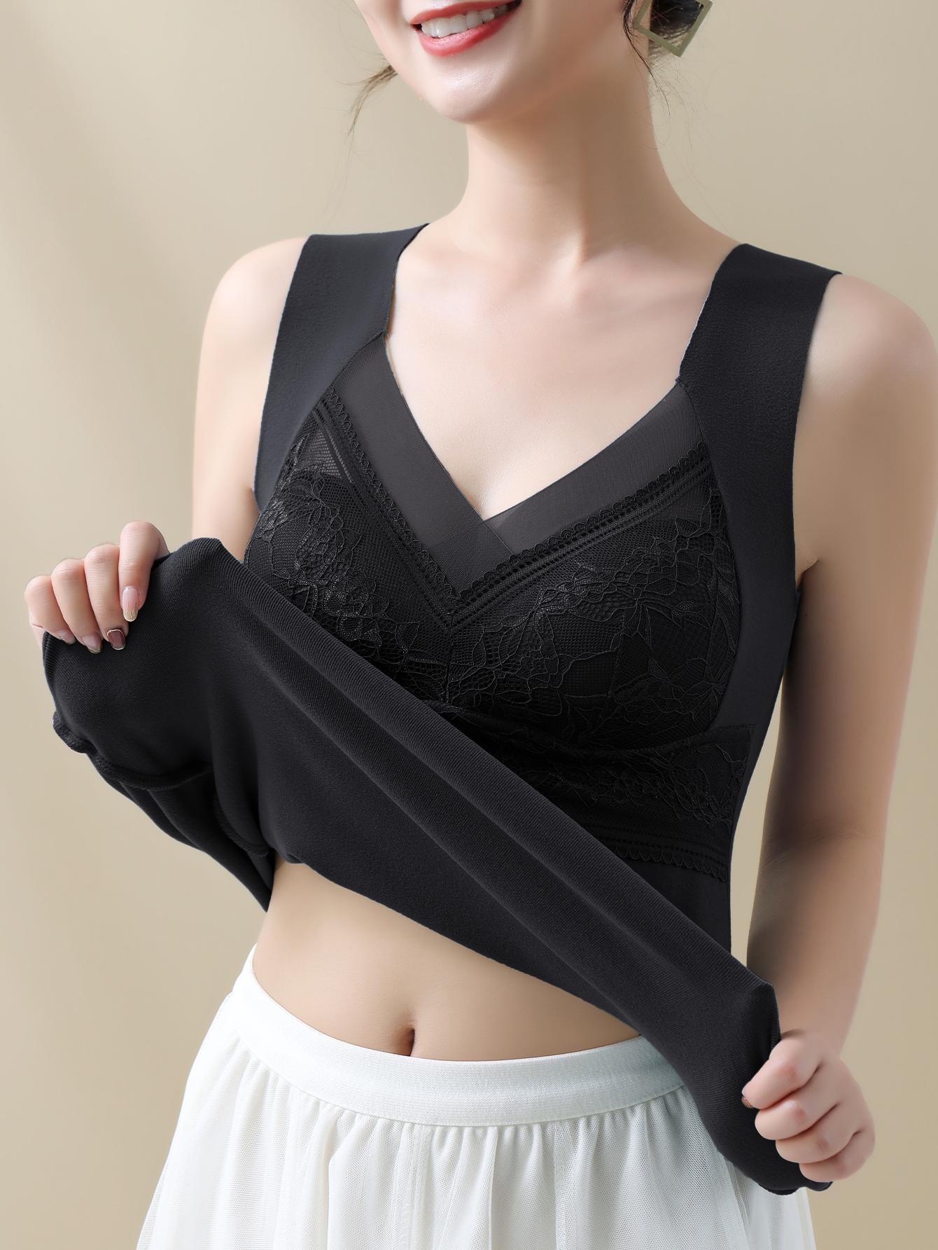 3-Pack Women's Autumn Winter De Velvet Thermal Lace Underwear V-neck Sleeveless Built-in  Soft Warm Breathable Skin-friendly Elastic Sexy Daily Wear Thermal Underwear Fall Casual Elegance