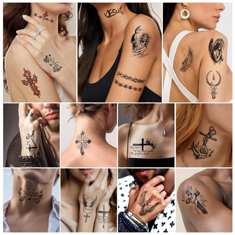 77 Sheets Christian Cross Temporary Tattoo for Women Men, 17 Sheets Half Arm Large Religious Jesus God Fake Tattoos, 60 Sheets Angels Black Christ Tiny for Adult Kids Body Tattoos Stickers Realistic