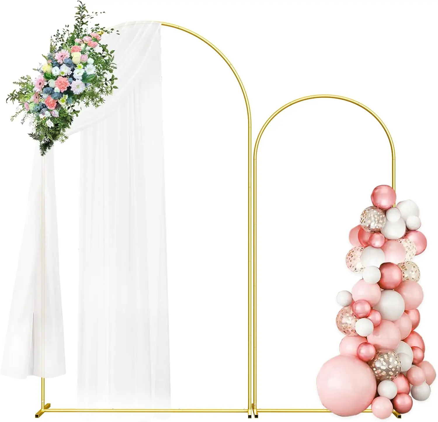 Gold Metal Round Wedding Arch Backdrop Stands (7.3ft×3.9ft, 6ft×2.6ft) - 2-Piece Customizable Set with Screws, Balloon Supports, Flowers, Ornaments, LED Lights, Garlands for Event Decor, Gold/Floral Stand Festive Backdrops & Banners