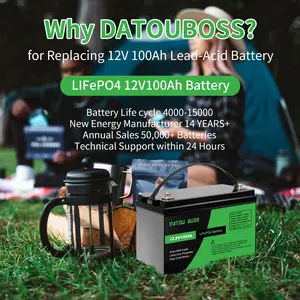 DATOUBOSS 12V 100Ah LiFePO4 Deep Cycle Battery, 1280Wh Energy Storage, 15000+ Recharge Cycles, 120A BMS Safety Protection, Lightweight Design, Widely Used in RV, Caravan, Boat, Marine, Off-Grid Solar System, Trolling Motor & Backup Power