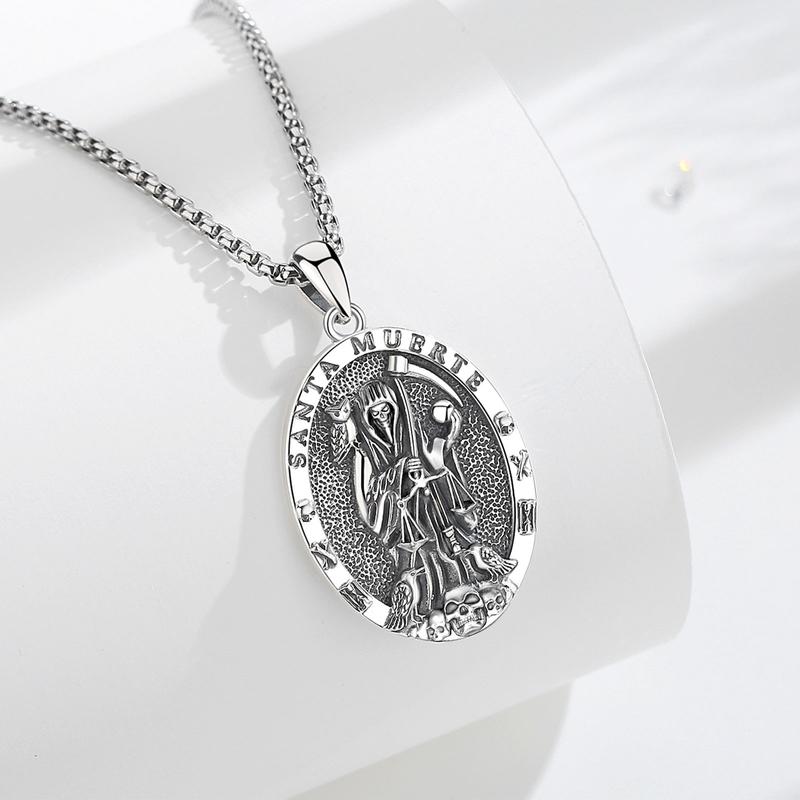 Eudora S925 Sliver Santa Muerte Necklace, Silver Grim Reaper Pendant, Mexican Saint Medallion,  Memento Mori Amulet, Protective Sigils Jewelry