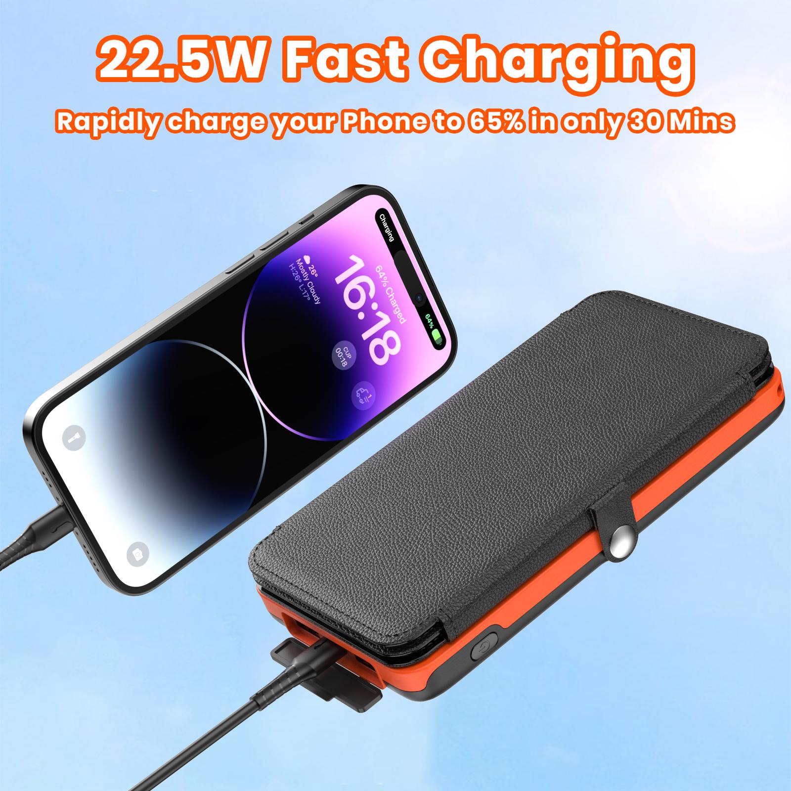 Solar Charger 27000mAh Power Bank 22.5W Fast Charging Portable Phone Charger with 4 Solar Panels USB C PD External Battery Pack with 3 USB Outputs for Smartphone Tablet