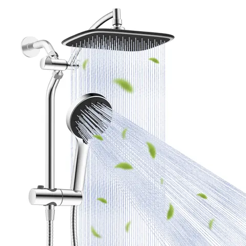 Hibbent Upgraded 9.8'' High-Pressure Brass Rainfall Shower Head Combo Complete Kit for Baby Bath & All Users, 5 Dynamic Spray Options Handheld Set, All-Metal 3-Way Diverter, Adjustable Arm, 59'' Hose and Holder, Chrome Finish