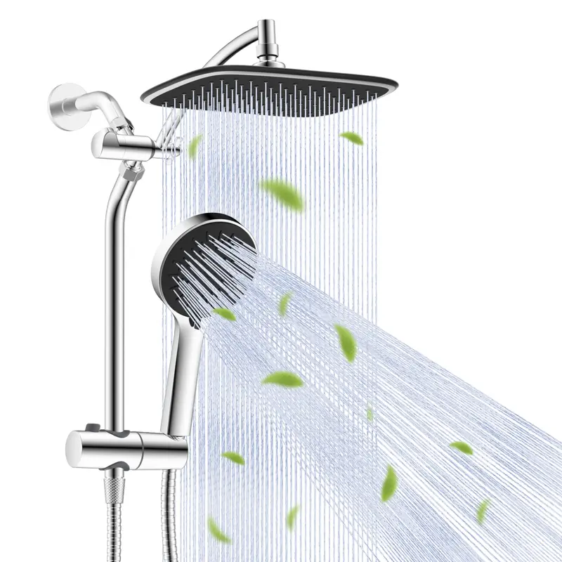 Hibbent Upgraded 9.8'' High-Pressure Brass Rainfall Shower Head Combo Complete Kit for Baby Bath & All Users, 5 Dynamic Spray Options Handheld Set, All-Metal 3-Way Diverter, Adjustable Arm, 59'' Hose and Holder, Chrome Finish